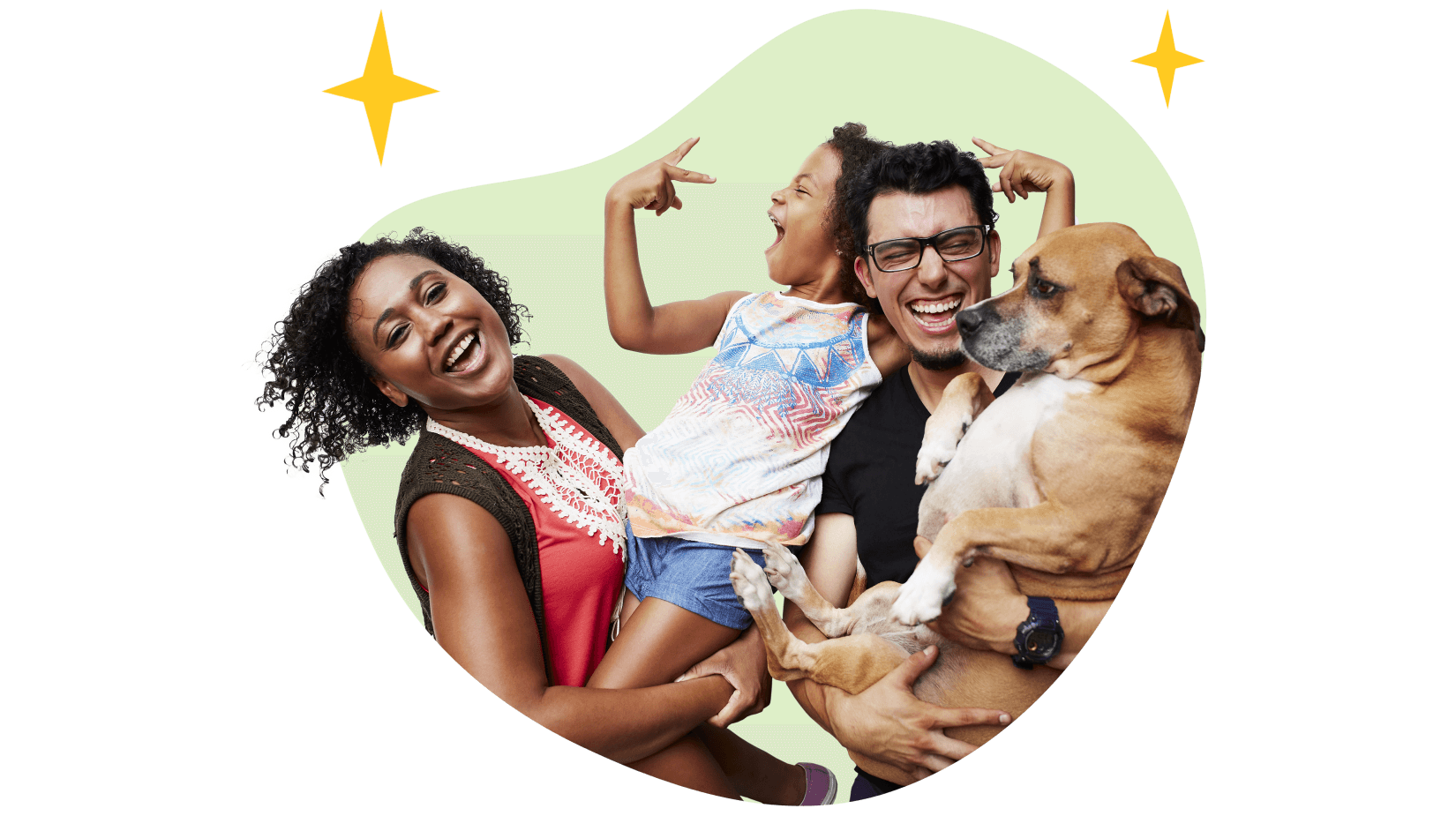 Happy parents holding their excited child and dog, surrounded by sparkles.